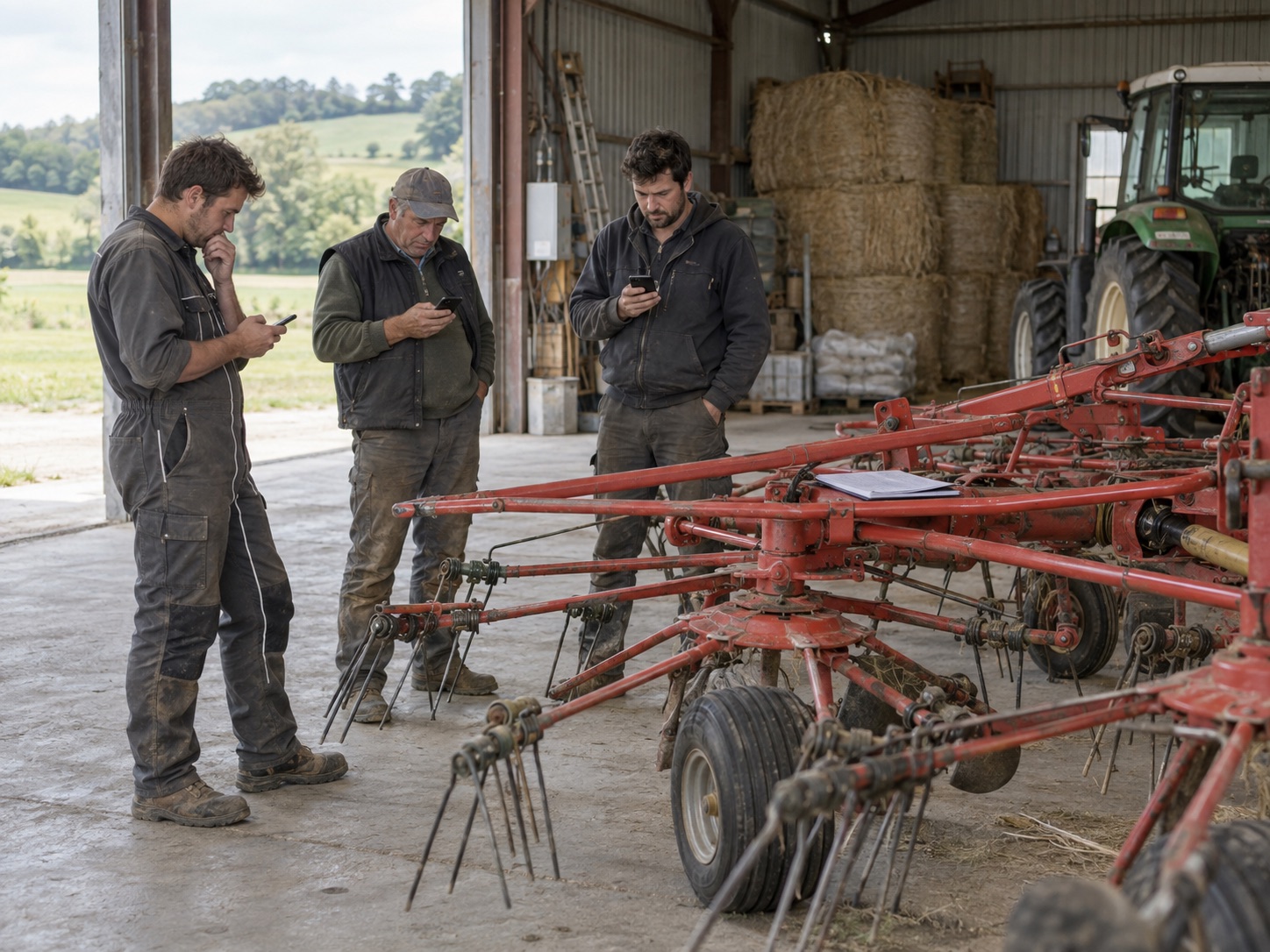 Trois adhérents d’une CUMA consultent leur téléphone autour d’une faneuse dans le hangar.