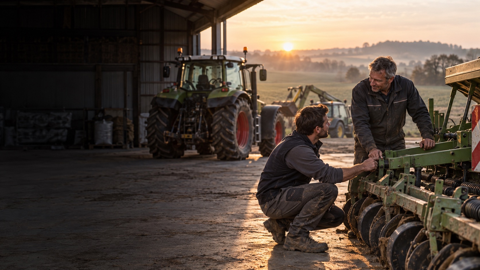 Deux agriculteurs préparent un matériel partagé dans le hangar de leur CUMA.