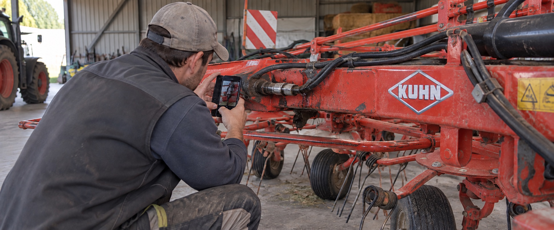 Signalement photographique d’une panne sur un matériel agricole partagé.