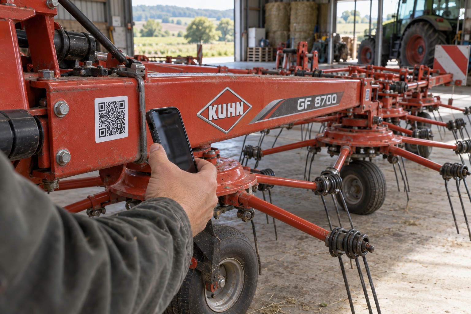 Un adhérent scanne le QR code fixé sur une faneuse KUHN GF 8700 dans le hangar.