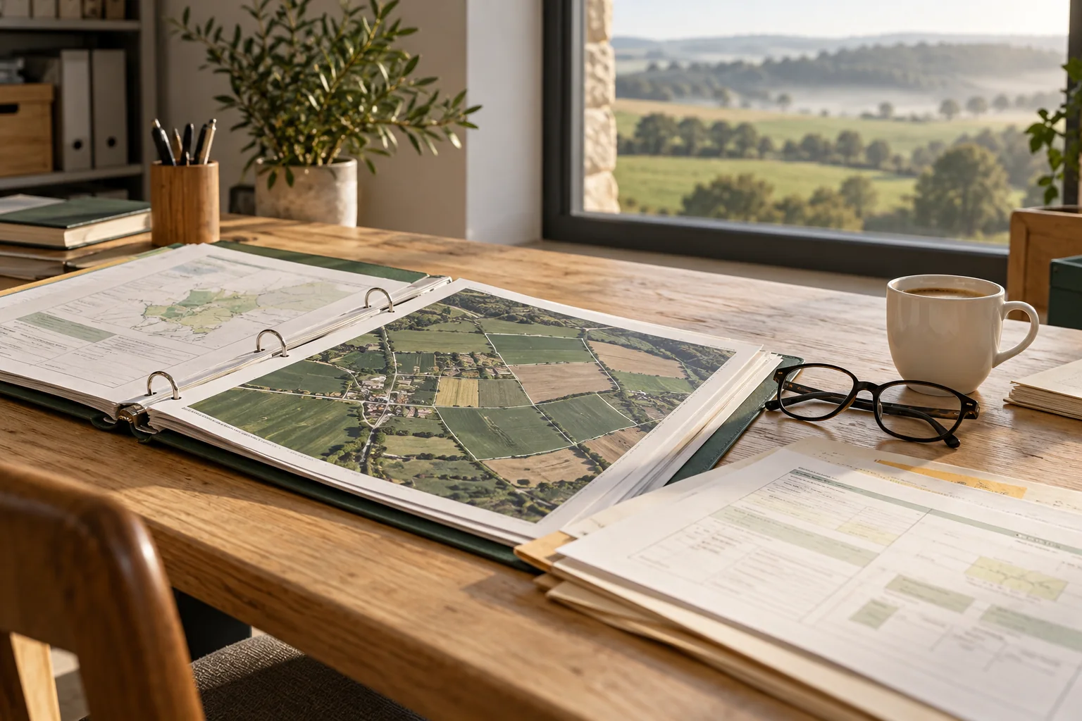 Dossier de parcelles et documents sur un bureau agricole