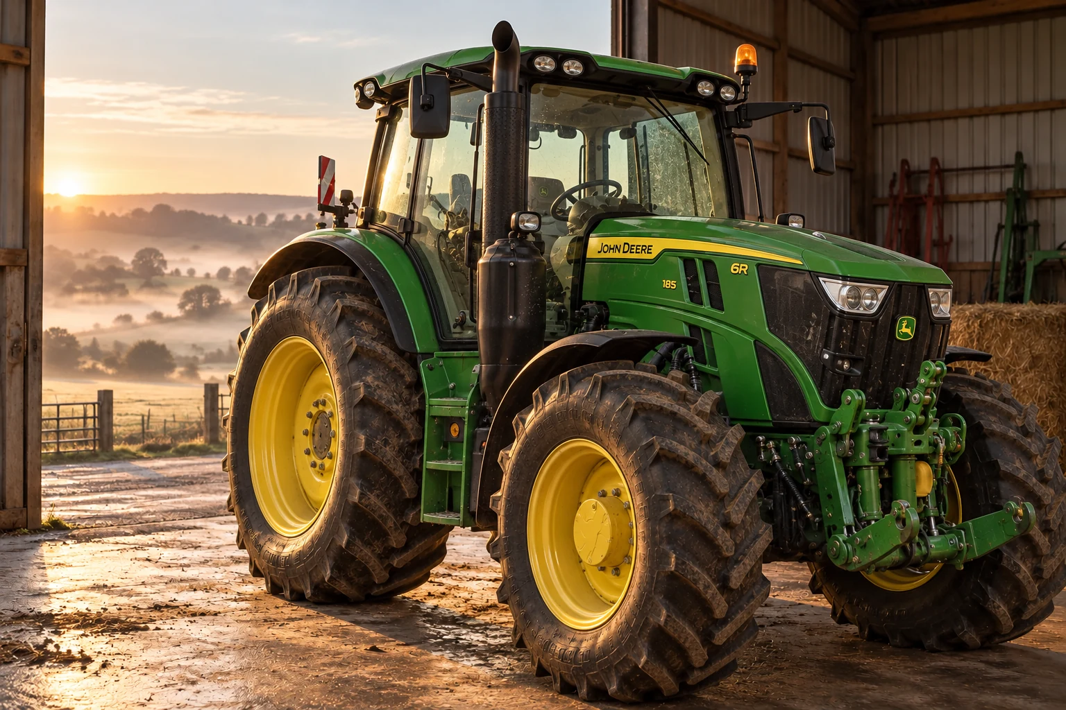John Deere 6R 185 stationné dans un hangar au petit matin