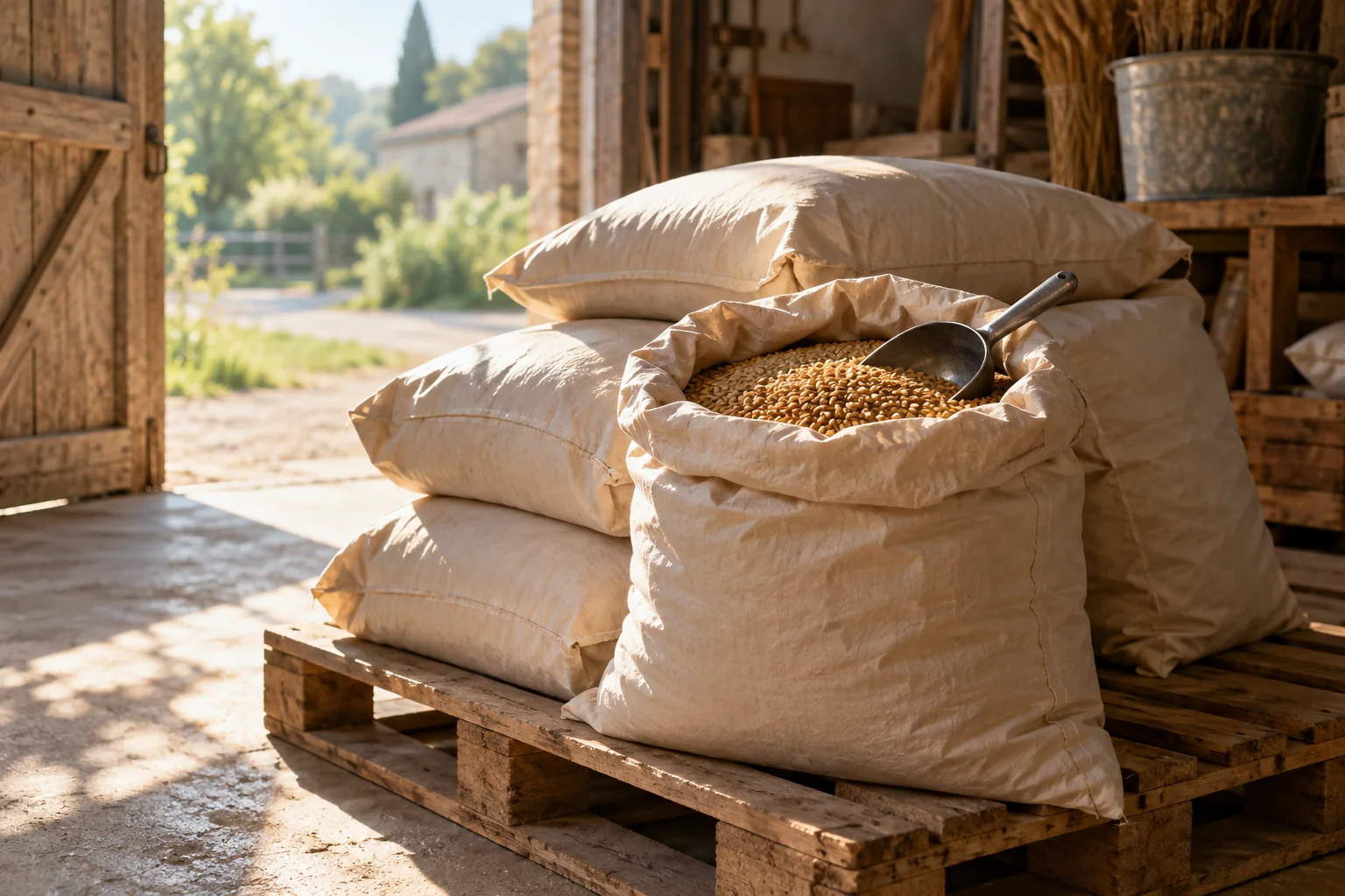 Sacs de semences rangés dans un bâtiment agricole