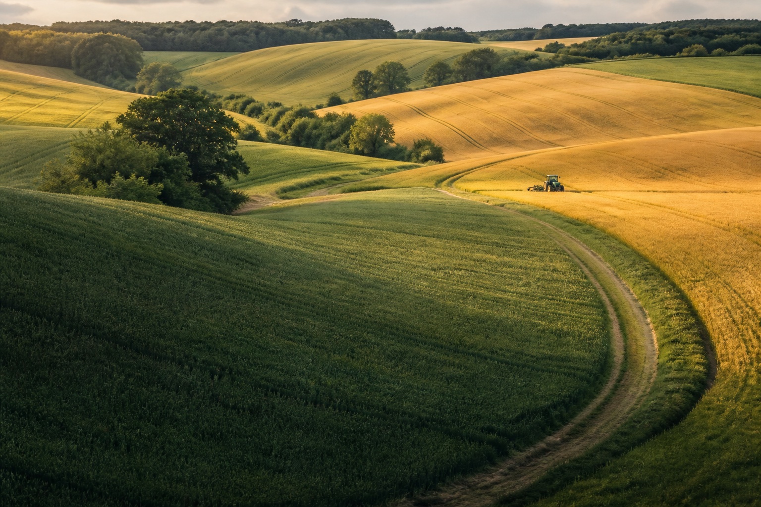 Paysage agricole français composé de cultures, de haies et d’un tracteur au travail