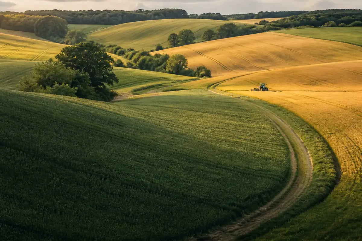 Paysage agricole français composé de cultures, de haies et d’un tracteur au travail