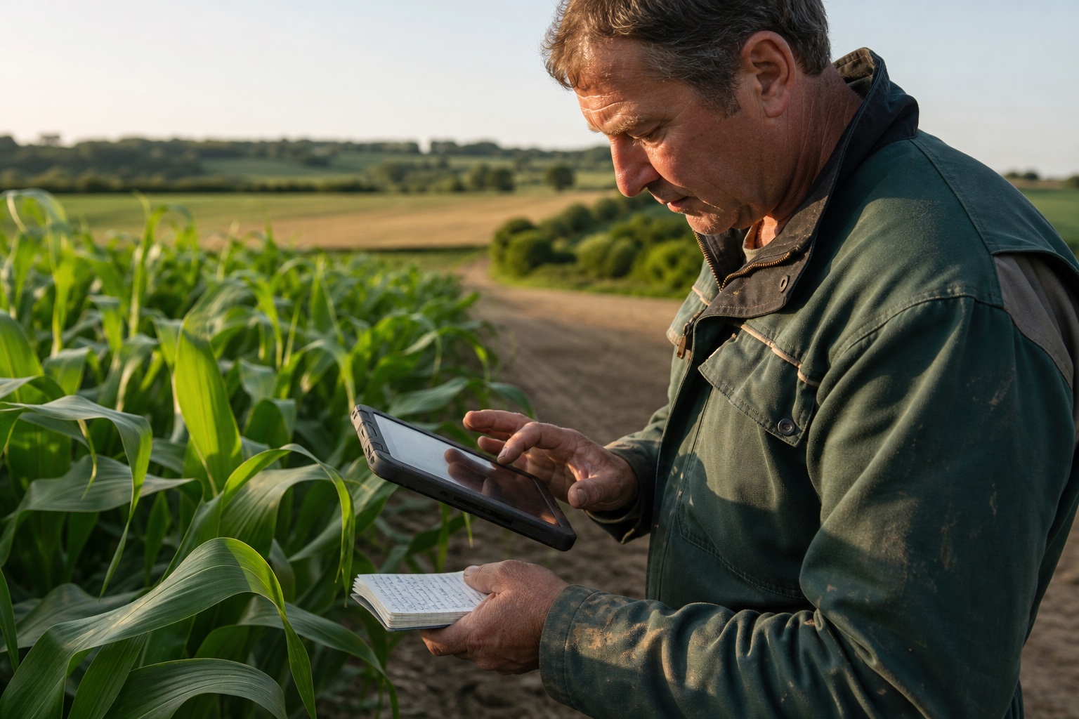 Agriculteur consultant une tablette et un carnet près d’une parcelle de maïs