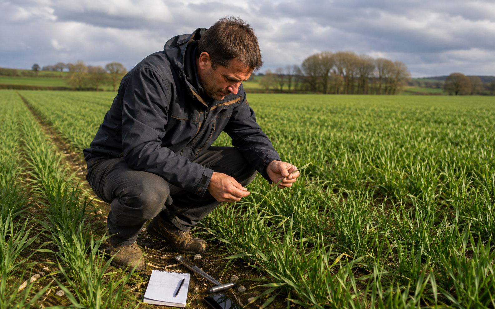 Agronome observant une culture sous un ciel aux conditions météorologiques changeantes