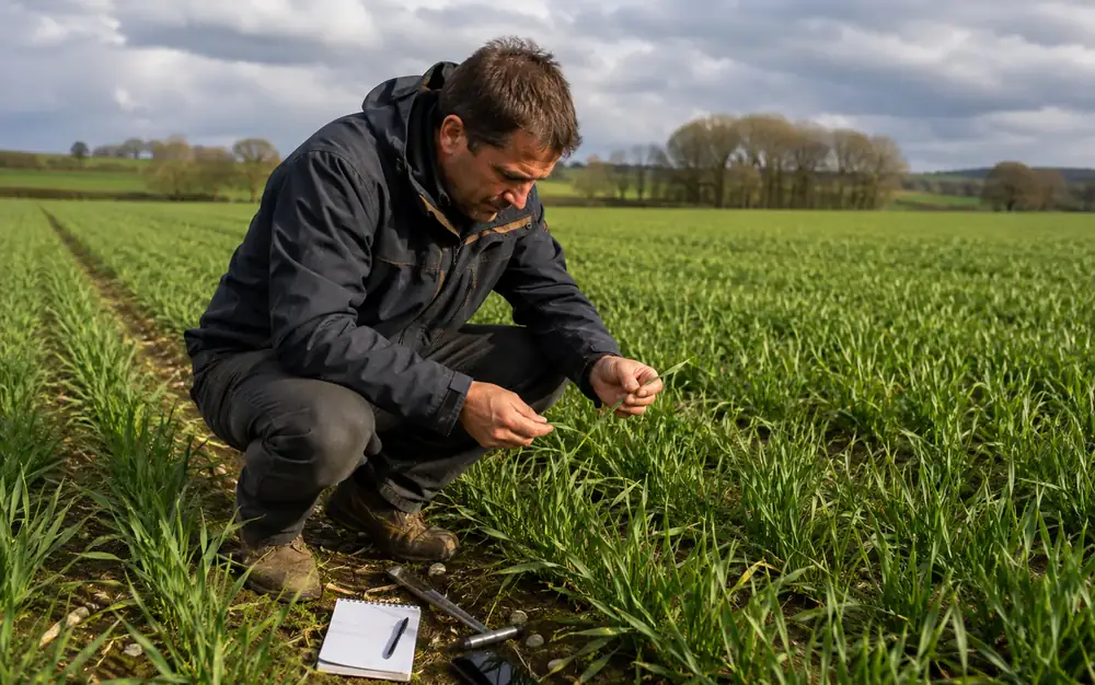 Agronome observant une culture sous un ciel aux conditions météorologiques changeantes