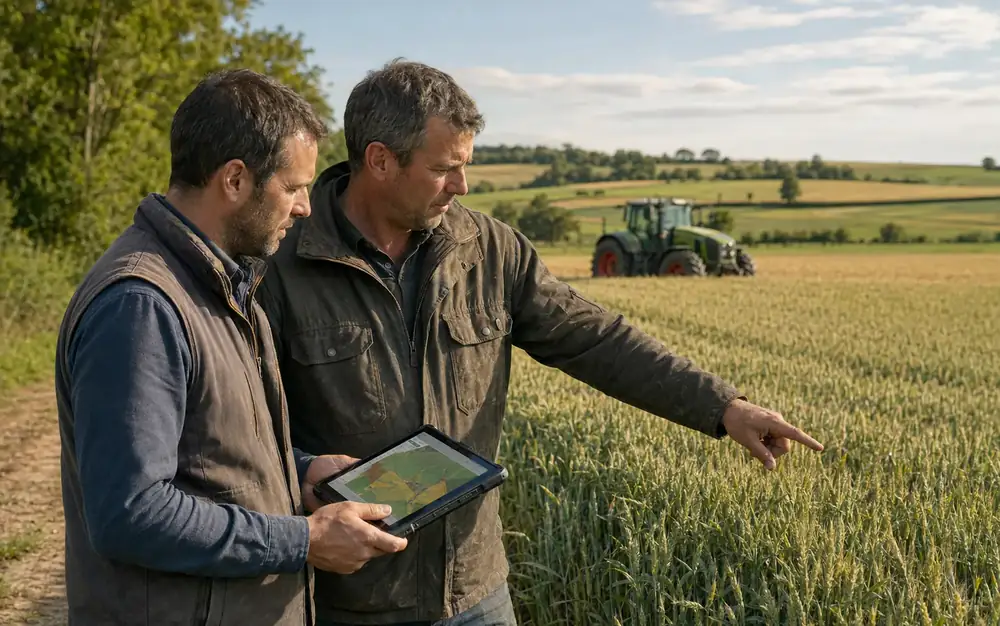 Agriculteur et conseiller étudiant ensemble une décision au bord d’une parcelle