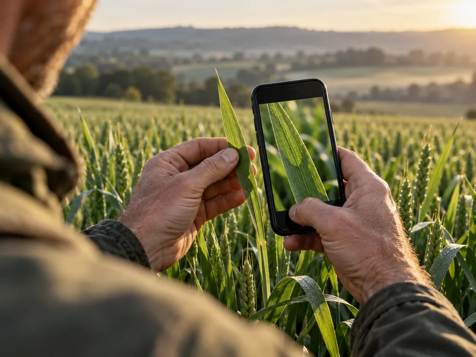 Un agriculteur photographie une feuille de blé avec son téléphone.
