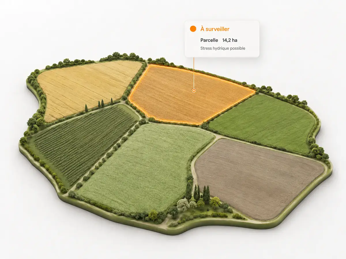 Vue 3D de l’exploitation avec une parcelle de 14,2 hectares signalée pour un possible stress hydrique