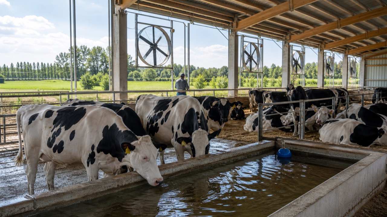 Vaches laitières à l’ombre dans un bâtiment ouvert équipé d’abreuvoirs et de ventilation