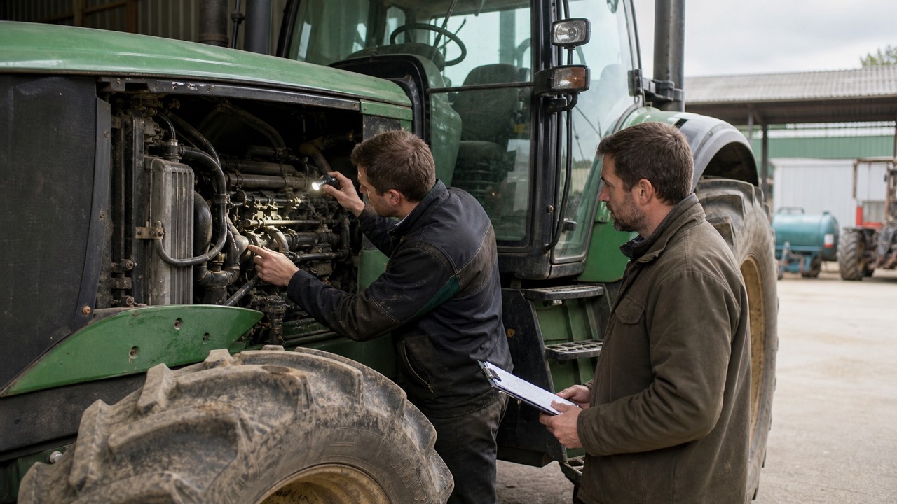 Agriculteur et mécanicien inspectant le moteur ouvert d’un tracteur d’occasion avant achat