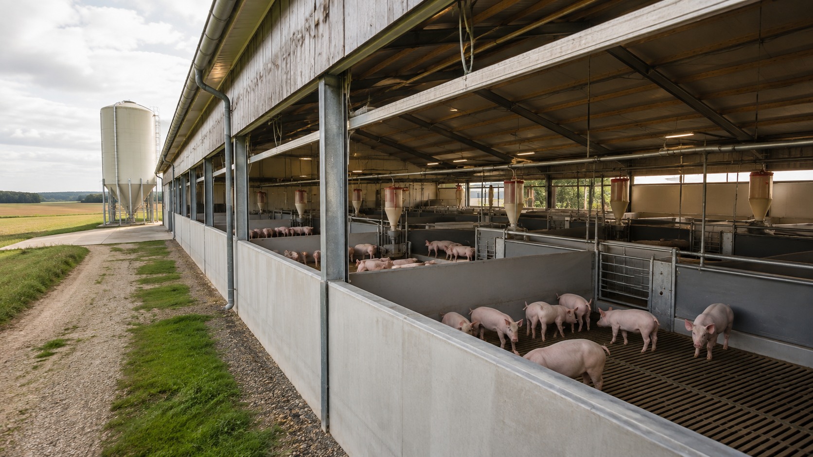 Vue agricole consacrée à bâtiments porcins
