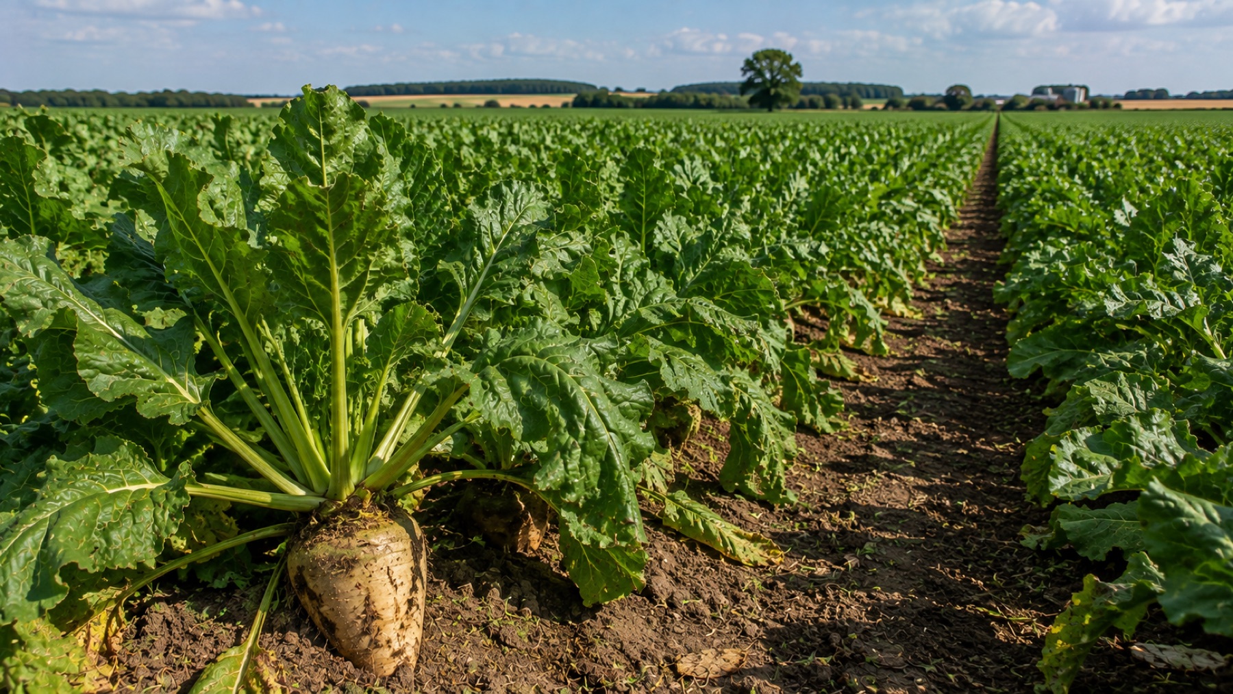 Rangées de betteraves sucrières dans une plaine du Nord de la France