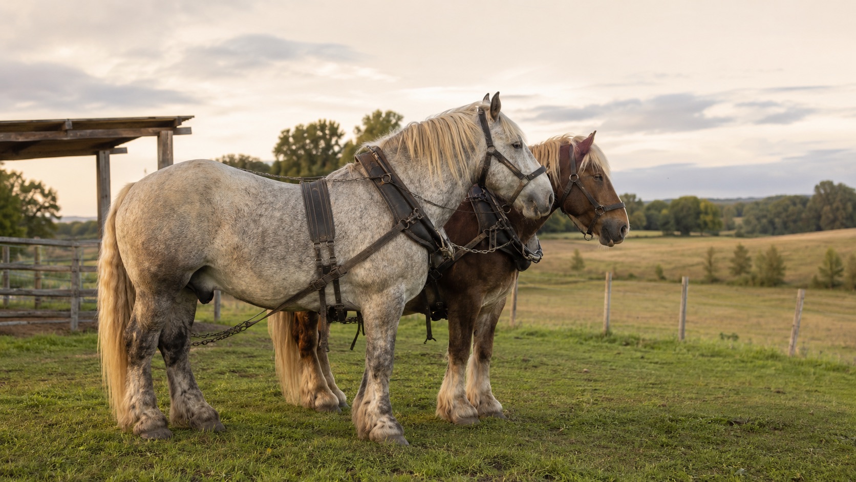 Chevaux de trait Bretons harnachés au pré