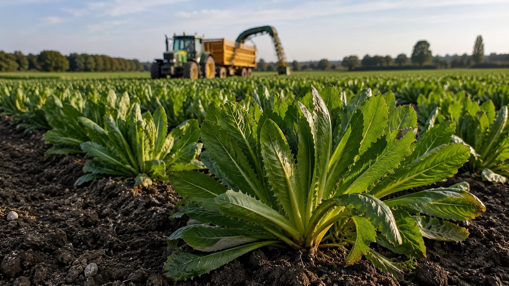 Rangées de chicorée industrielle en végétation dans les Hauts-de-France