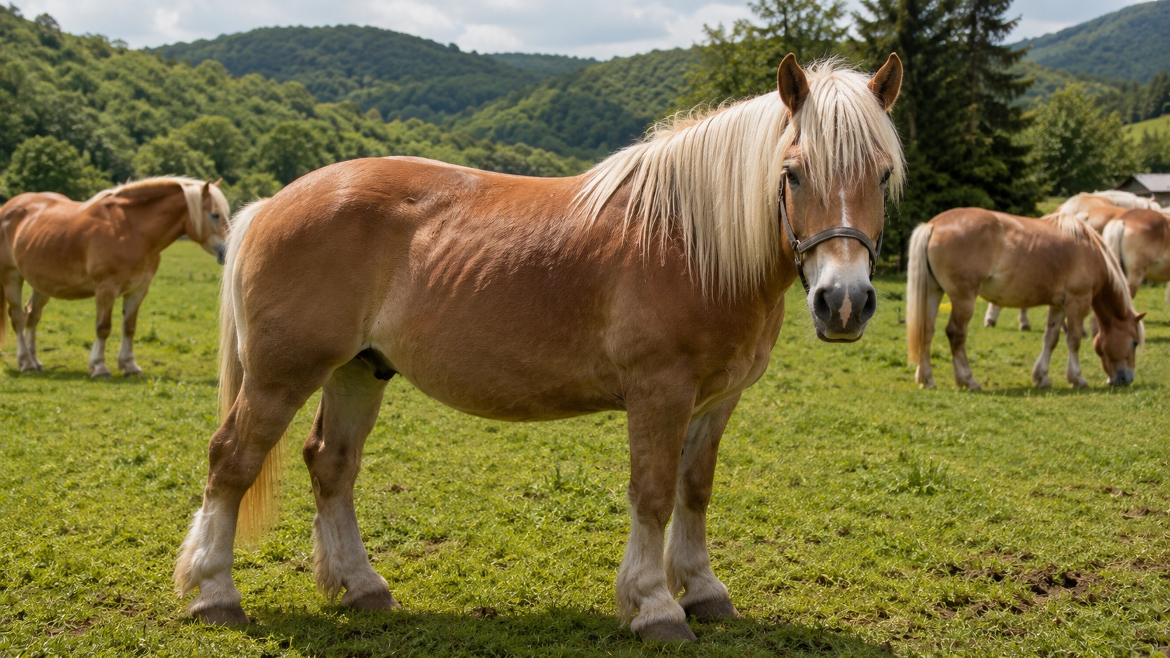 Chevaux Comtois alezans à crins lavés au pré