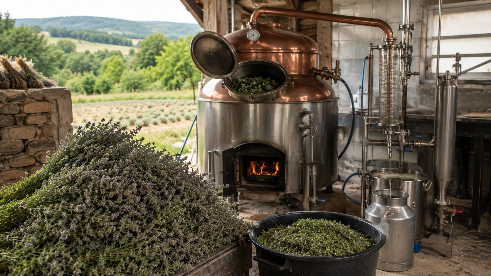 Vue agricole consacrée à distillation des plantes aromatiques