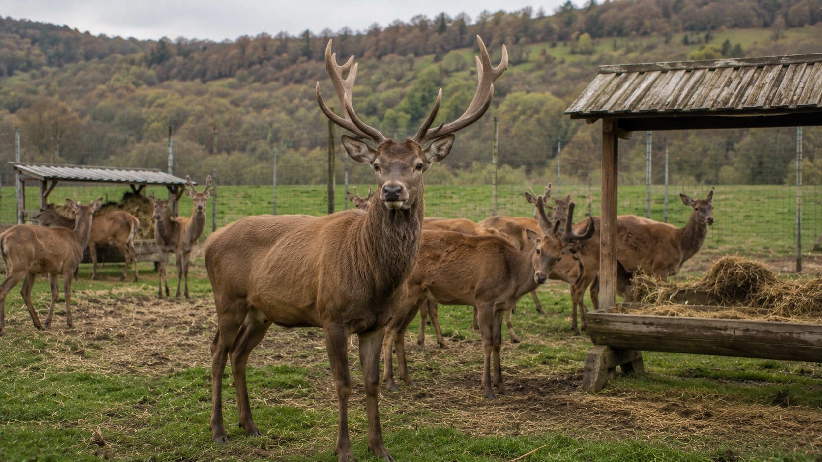 Cerfs et biches dans un enclos extérieur