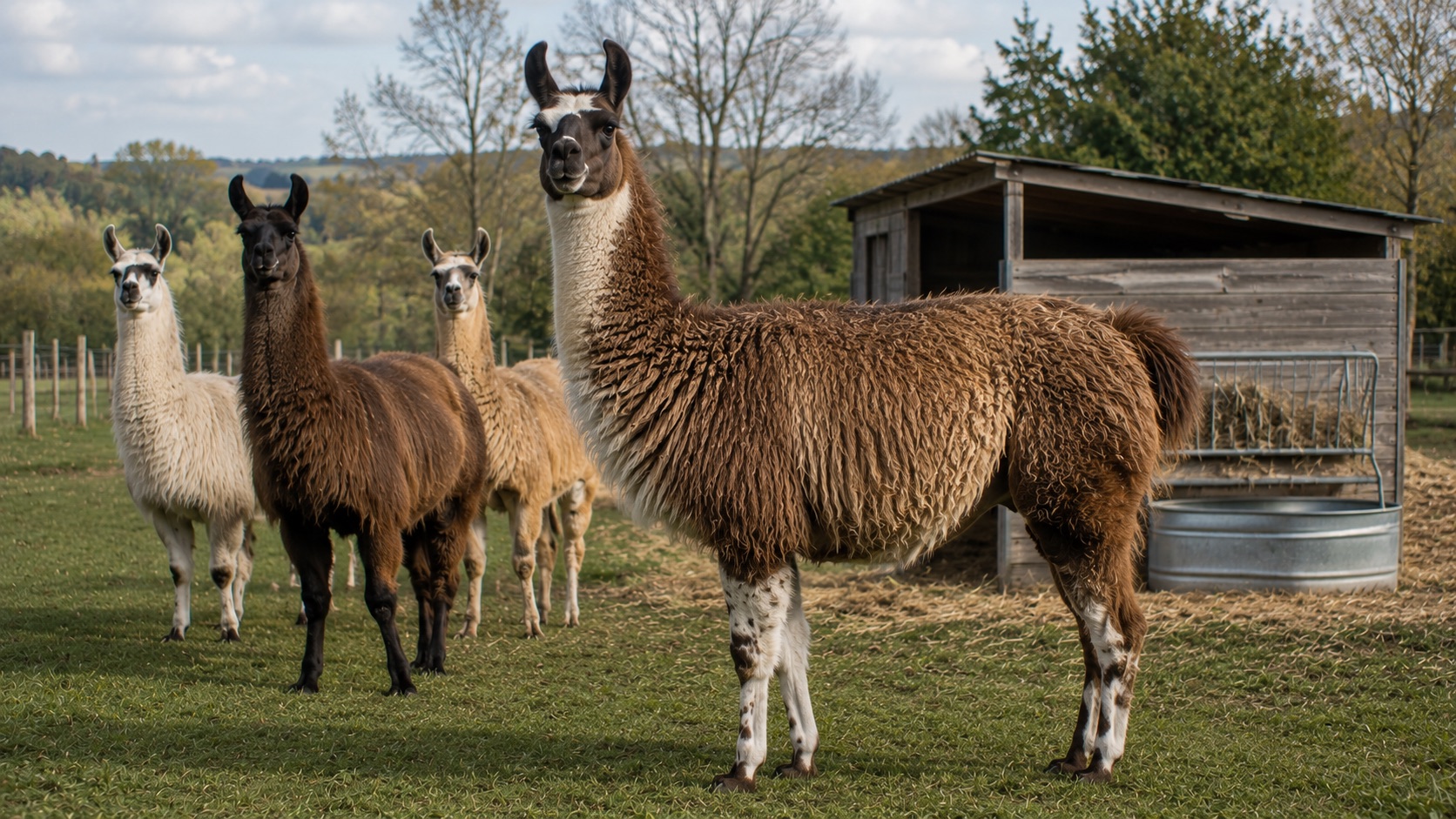Lamas au pré devant un abri d'élevage