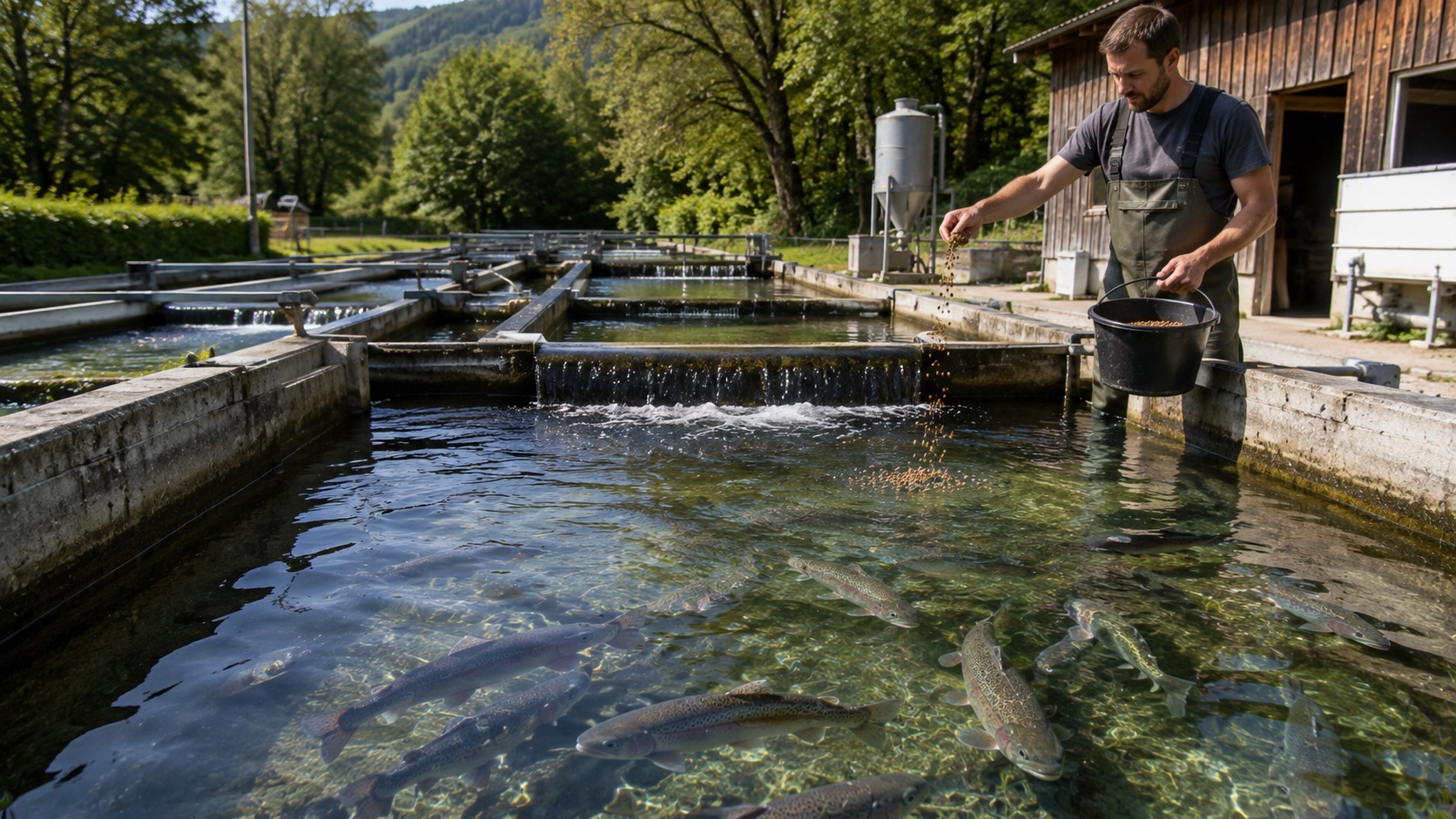 Truites dans les bassins d'une pisciculture