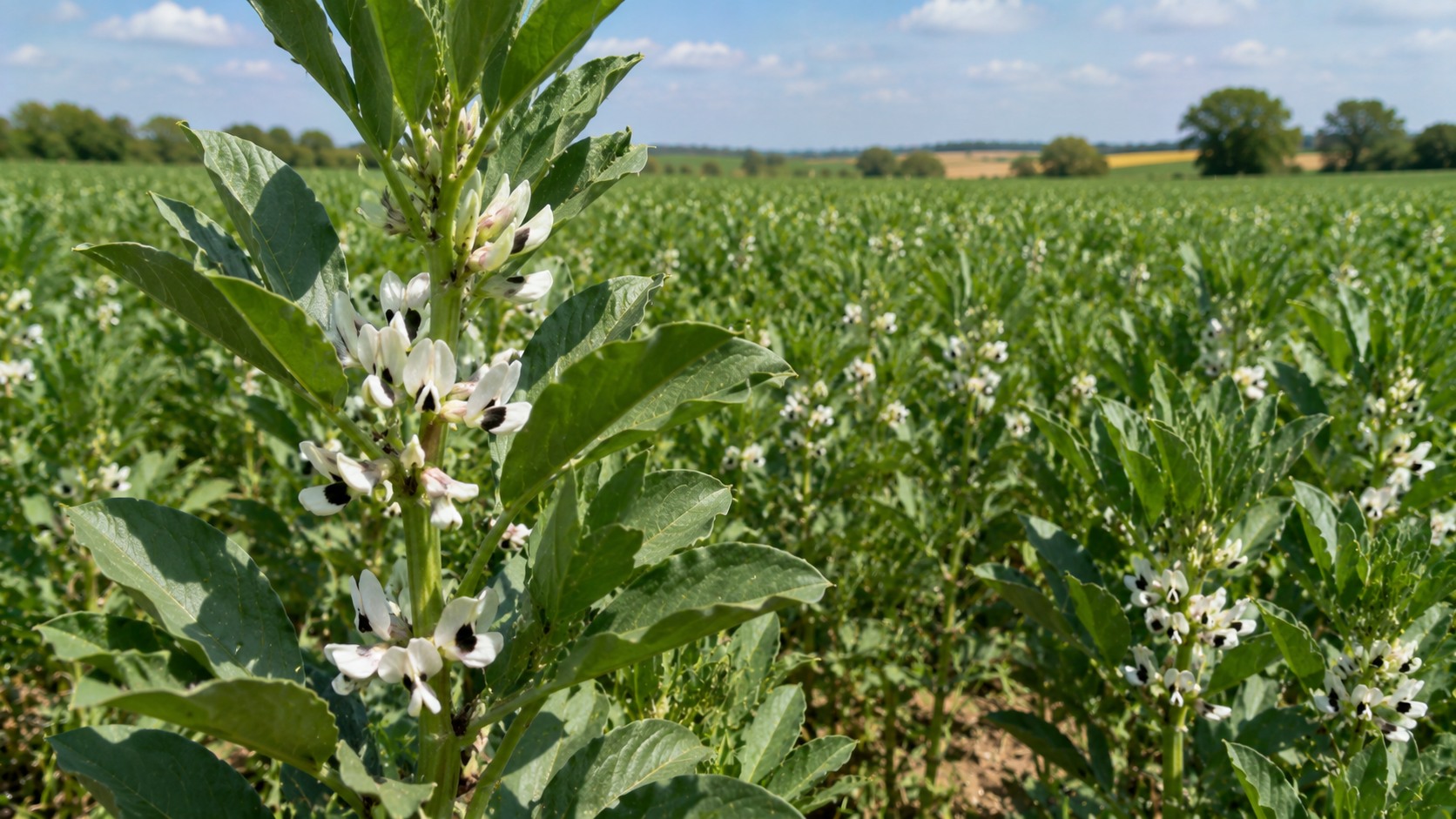 Vue agricole consacrée à floraison de la féverole