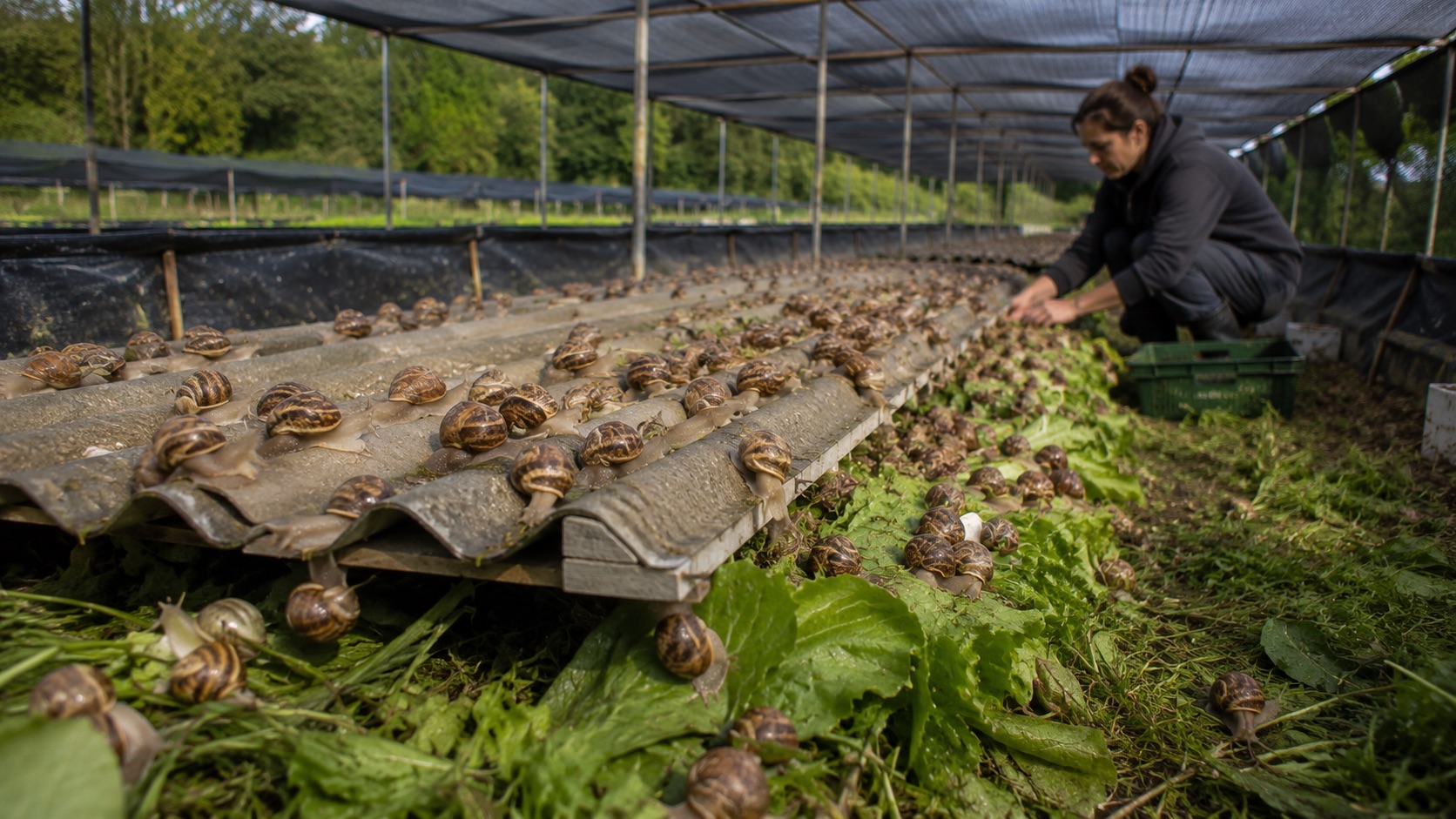 Escargots en élevage sous filet de protection