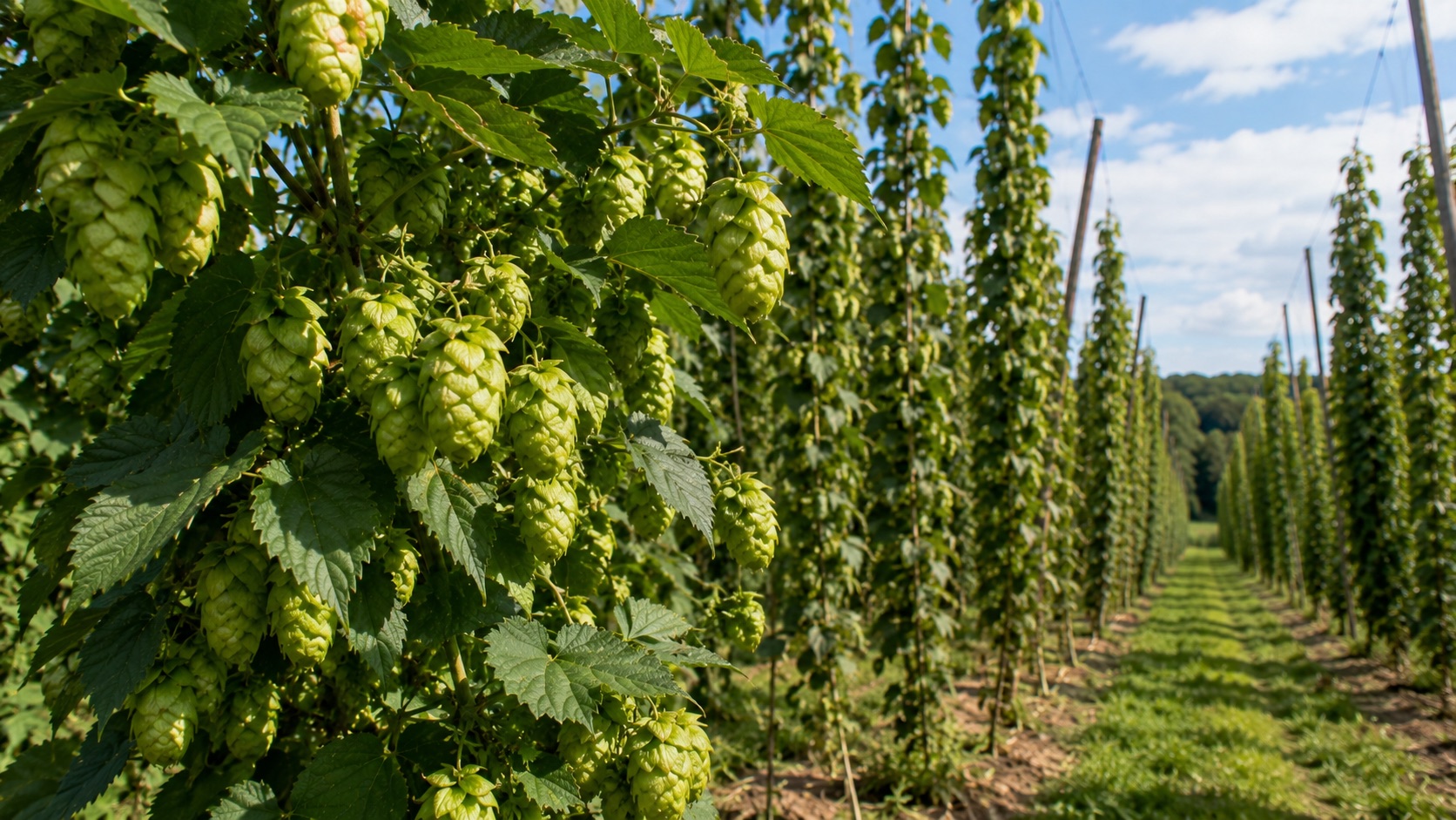 Cônes de houblon sur lianes dans une houblonnière