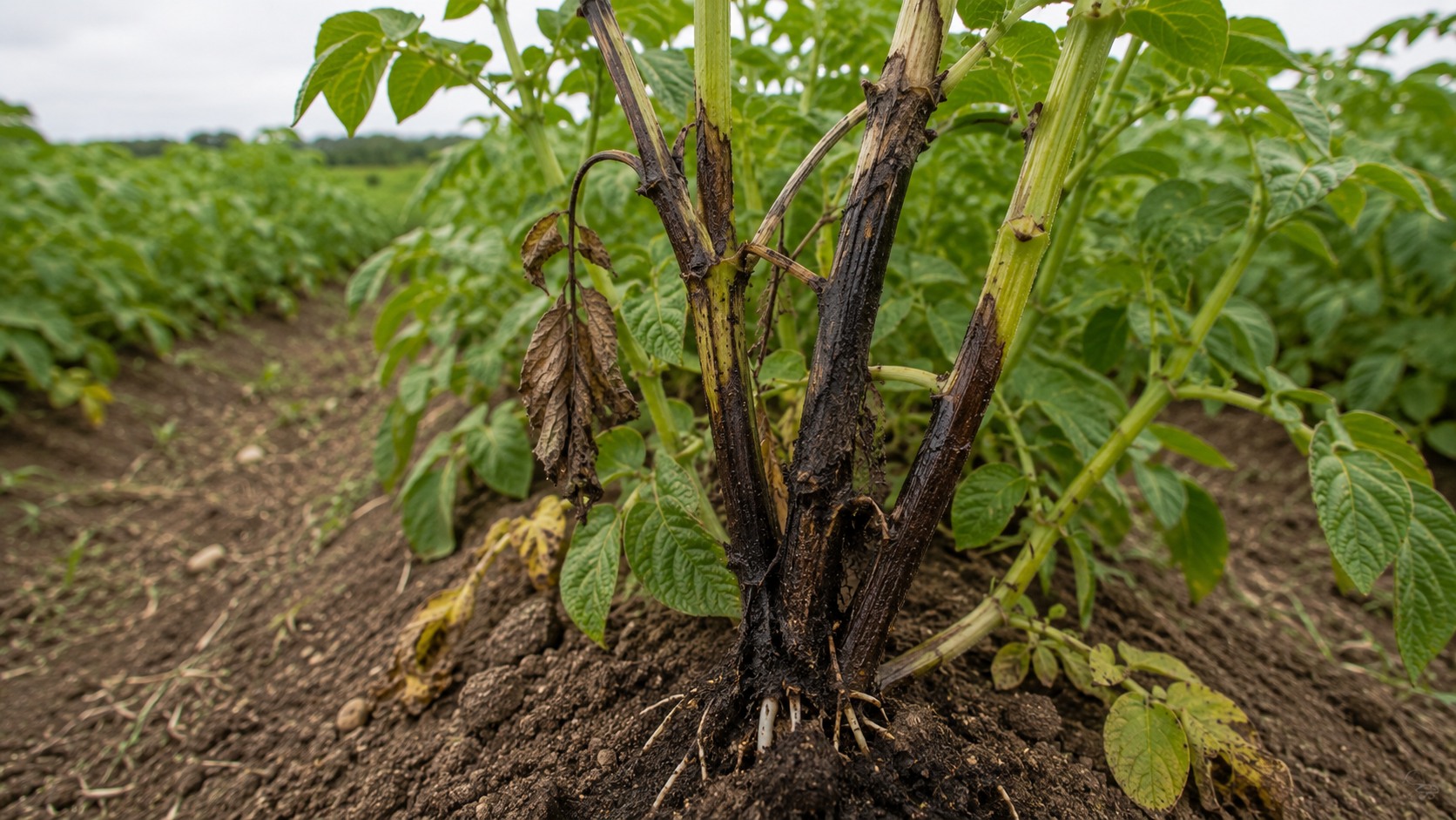 Vue agricole consacrée à jambe noire de la pomme de terre