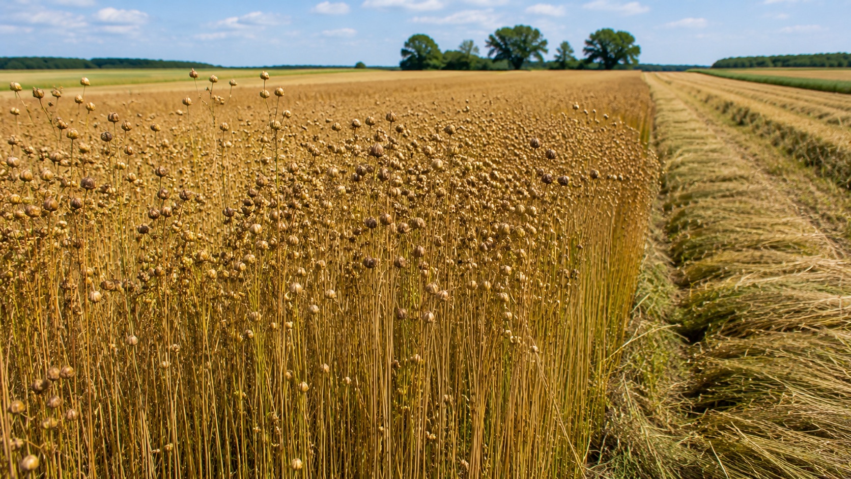 Champ de lin fibre en floraison bleue sous un ciel de Normandie
