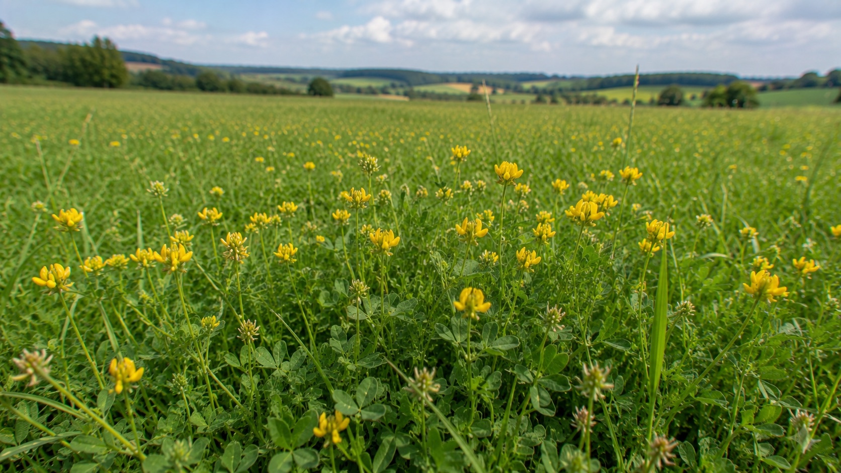 Fleurs jaunes de lotier corniculé dans une prairie extensive