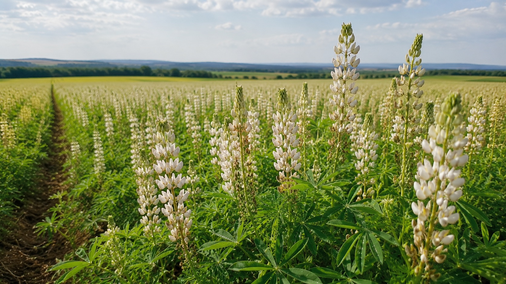 Parcelle de lupin en floraison avec grappes dressées