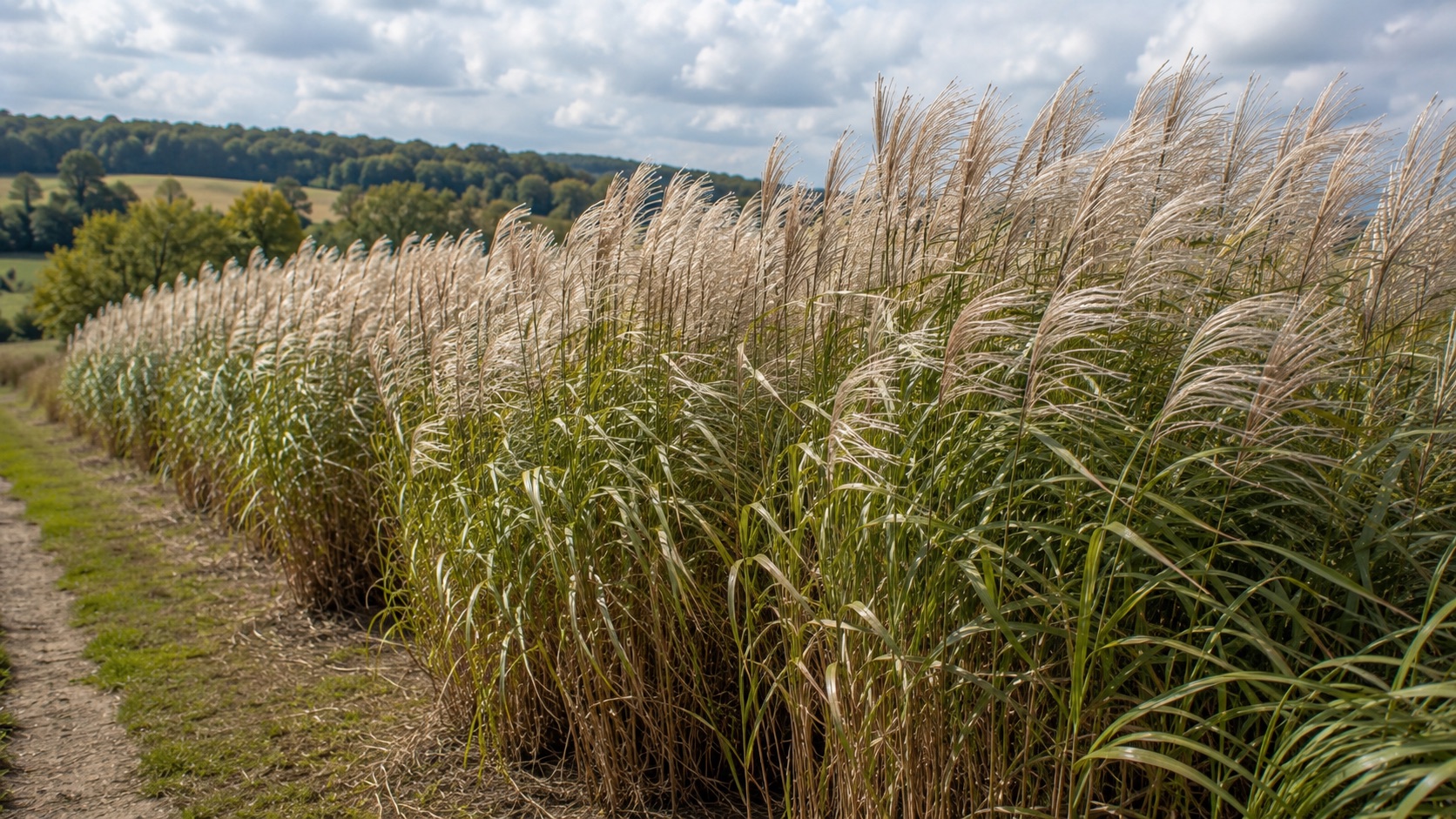 Haie de miscanthus en fin d’été dans une plaine française