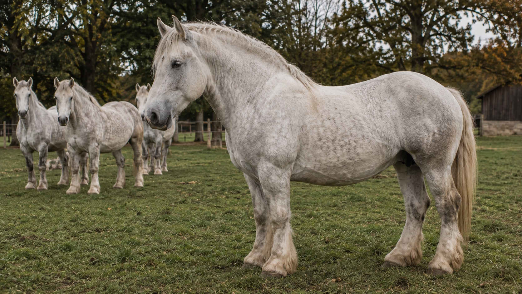 Chevaux Percherons gris au pré