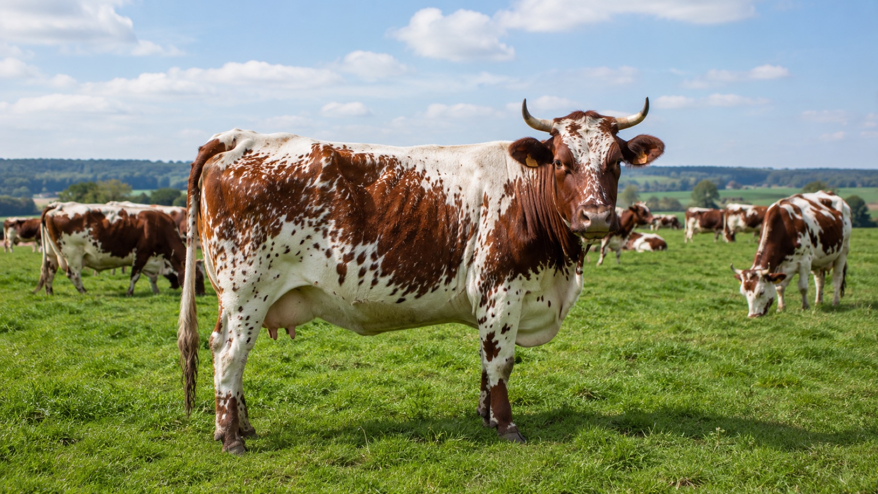 Vache Pie Rouge des Plaines dans un paysage du Grand Ouest