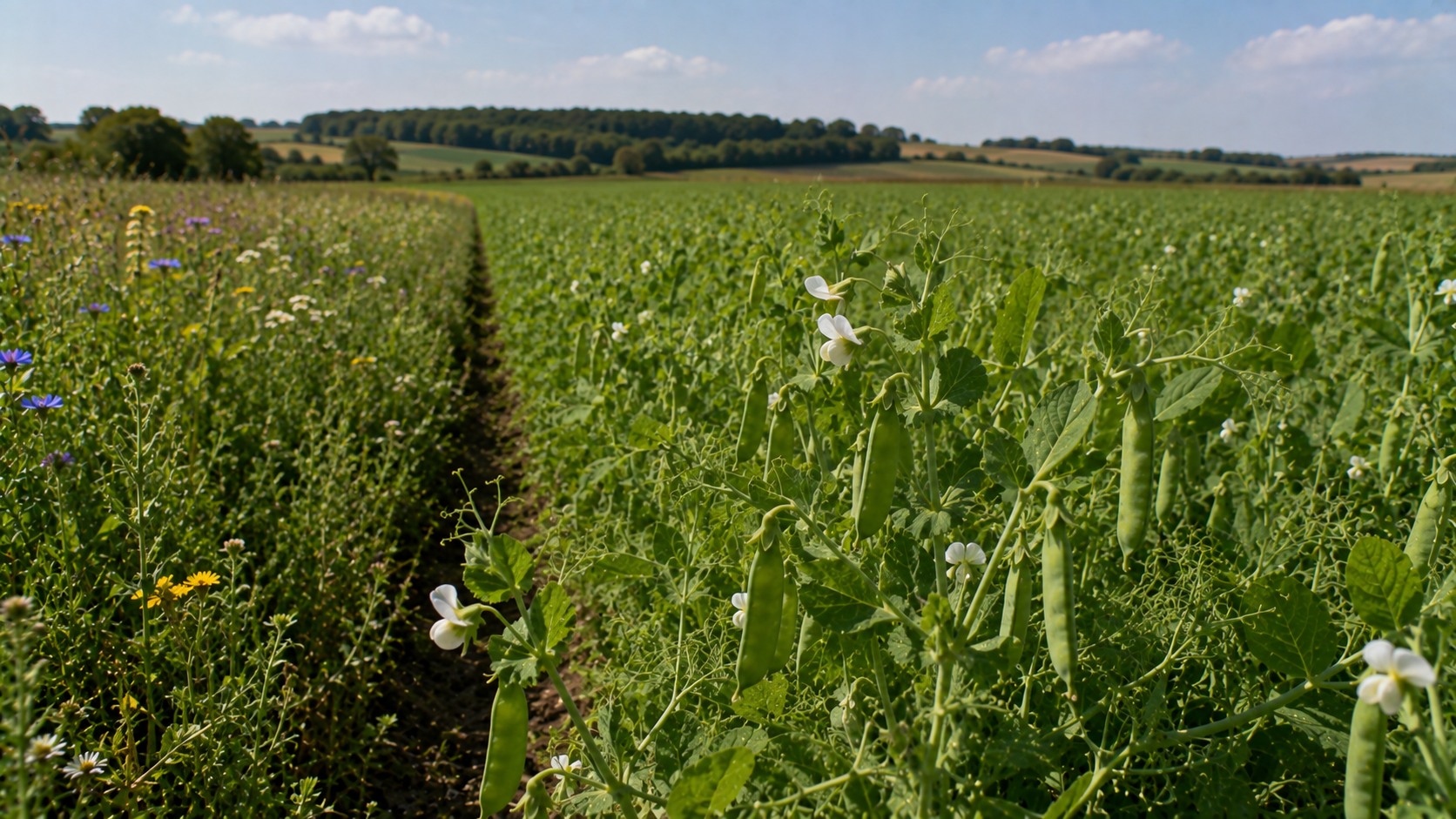 Vue agricole consacrée à pois protéagineux en agriculture biologique