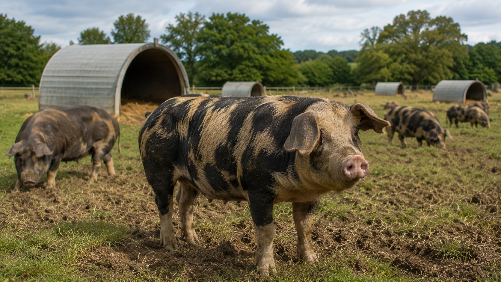 Vue agricole consacrée à porcs adaptés au plein air