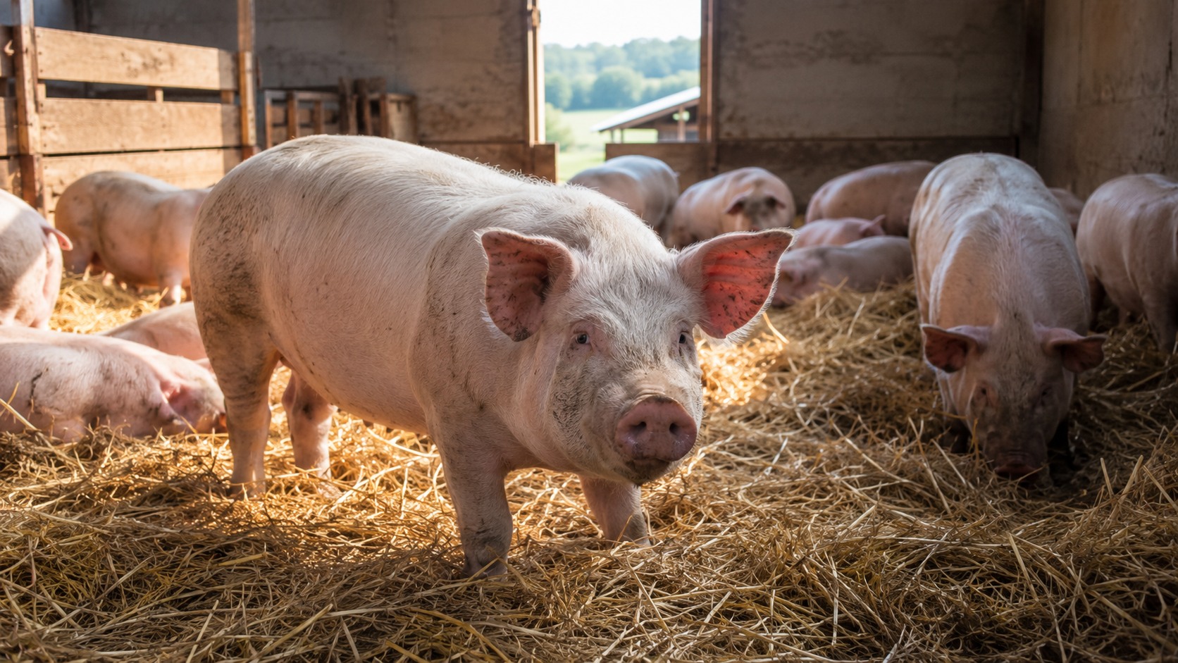 Vue agricole consacrée à porcs sur paille