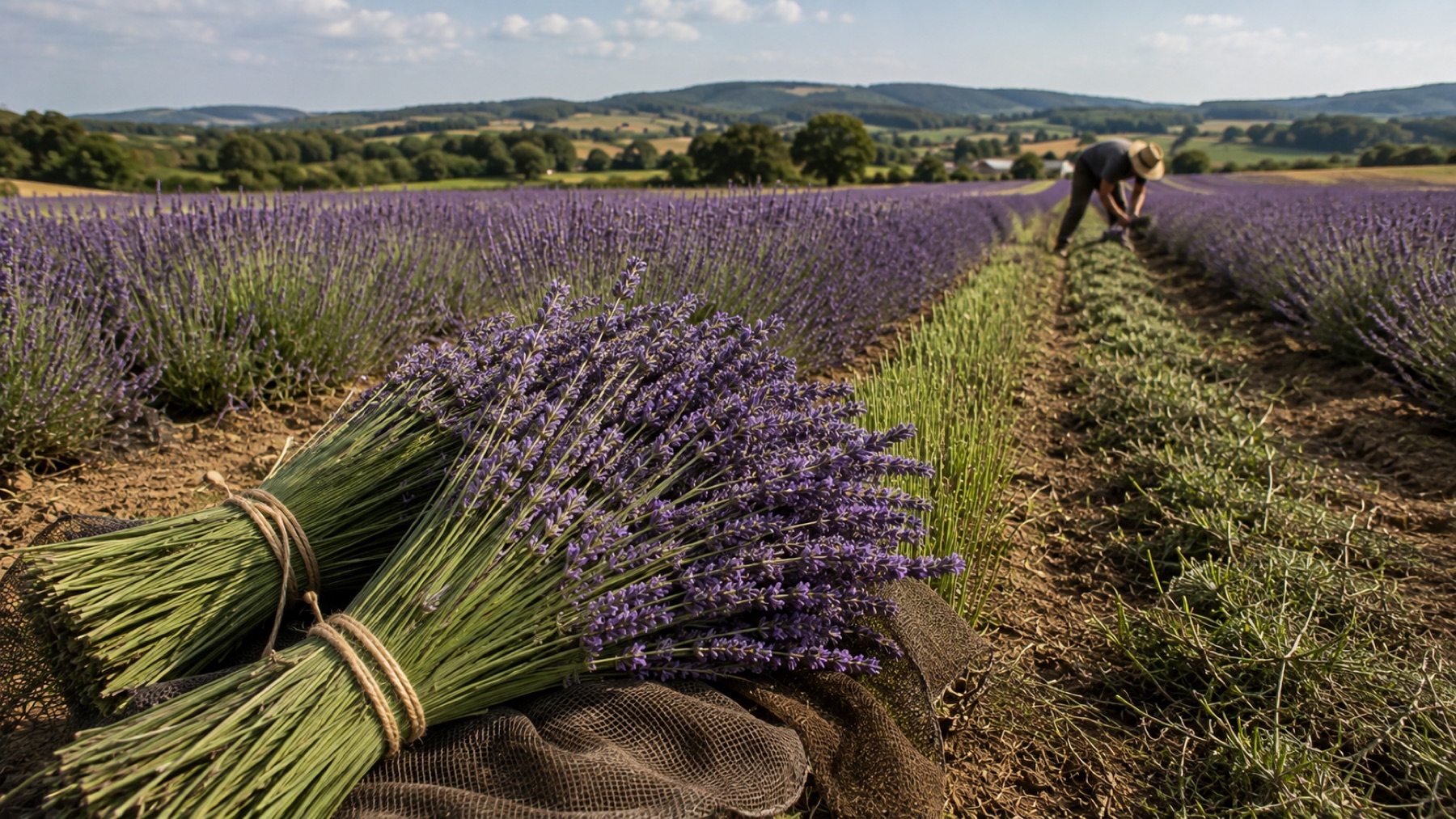 Champ de lavande en fleurs dans un paysage provençal