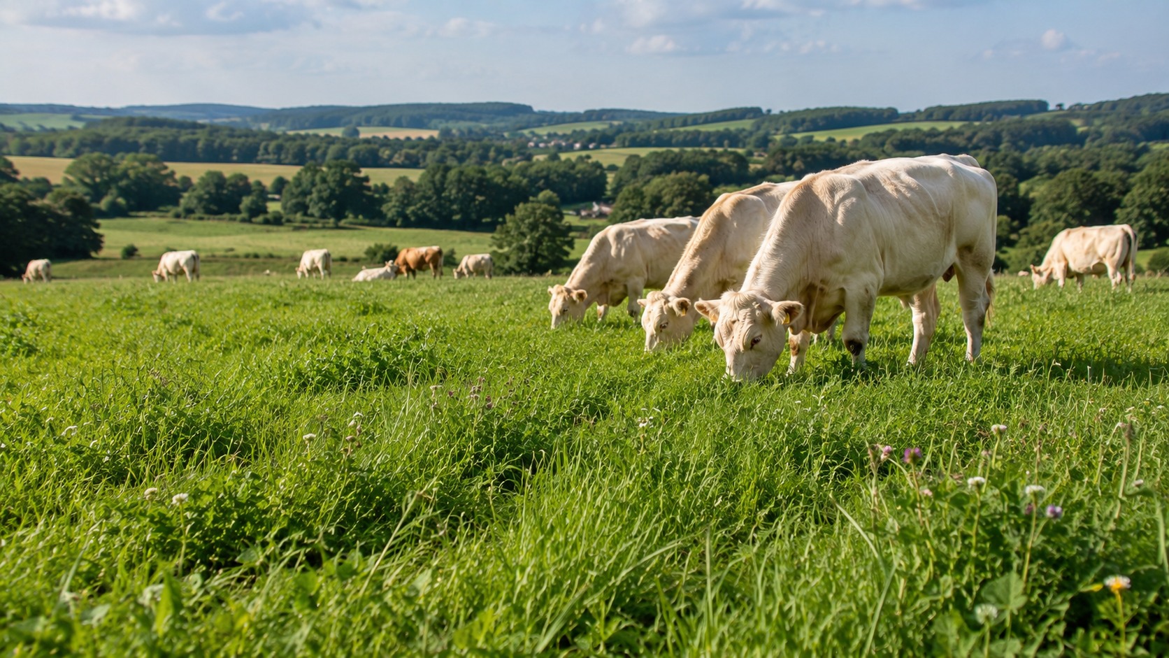 Vue agricole consacrée à prairie pour bovins viande