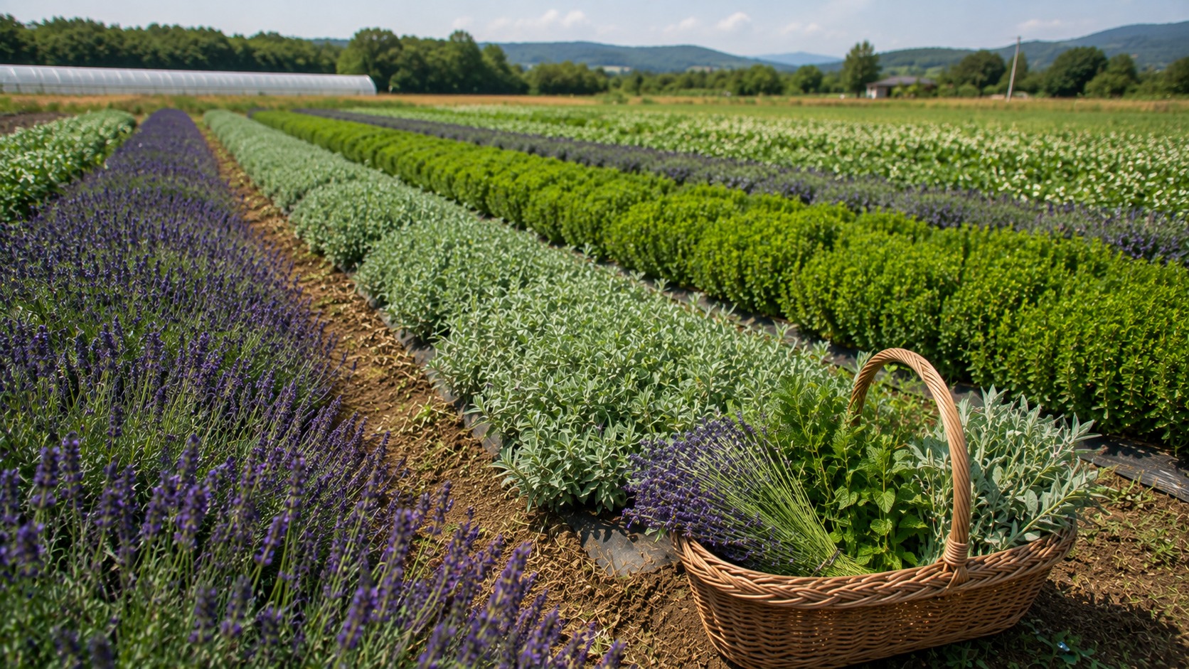 Vue agricole consacrée à production de plantes aromatiques
