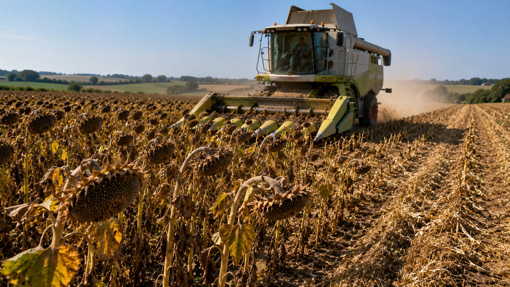 Vue agricole consacrée à récolte du tournesol