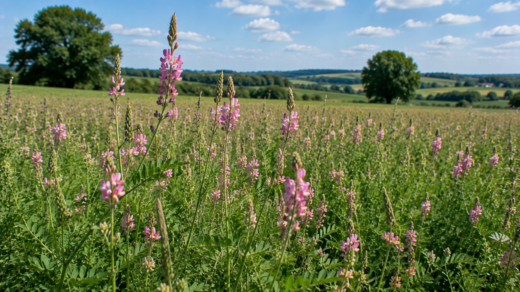 Fleurs roses de sainfoin dans une prairie de plateaux calcaires