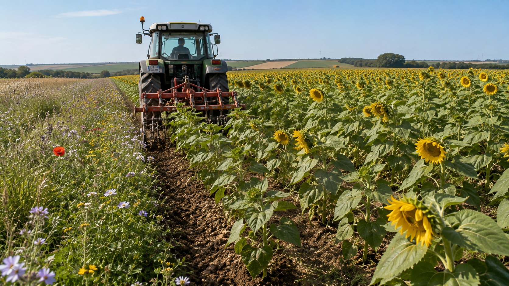Vue agricole consacrée à tournesol en agriculture biologique