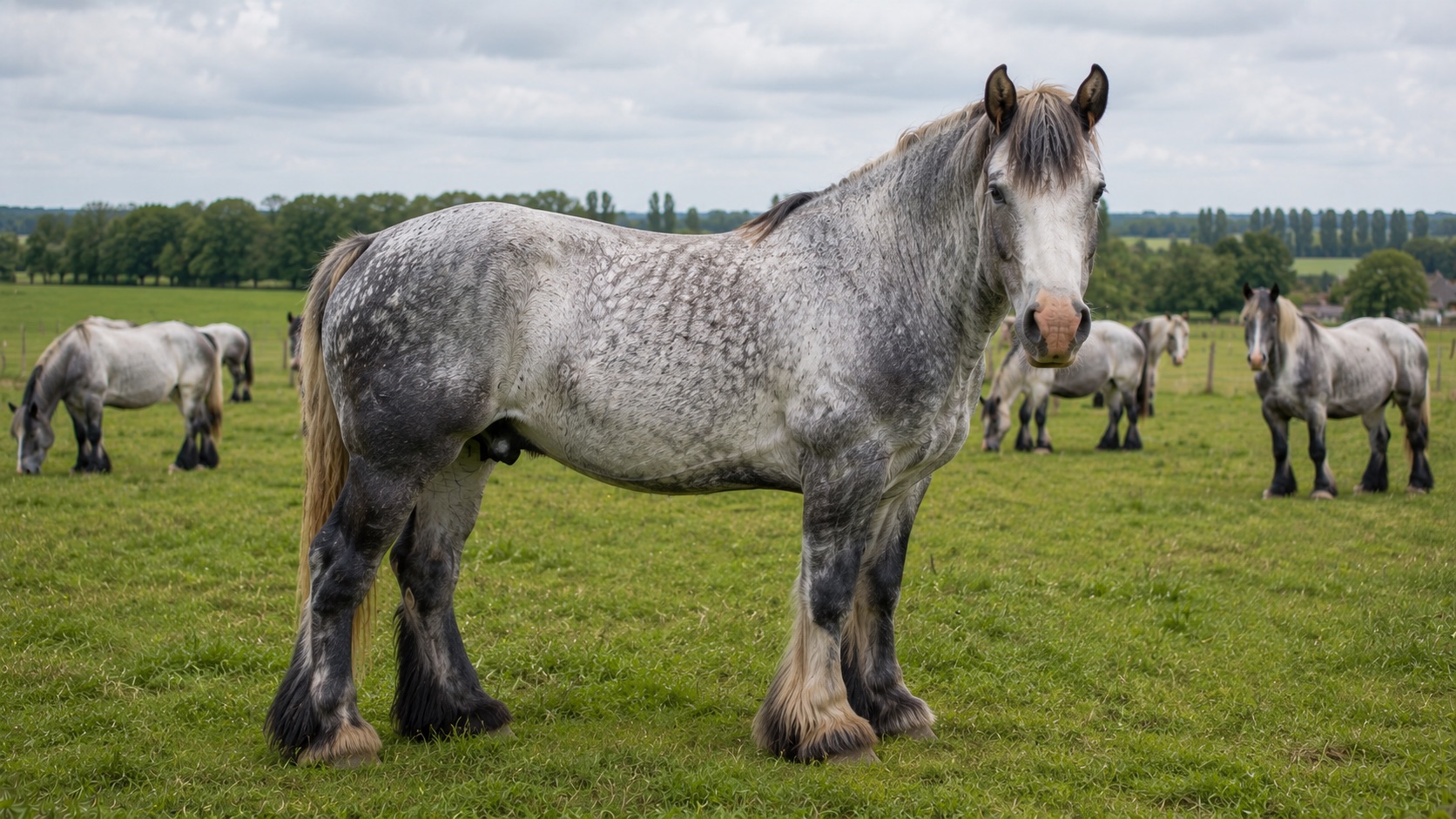 Cheval Trait du Nord gris fer au pré