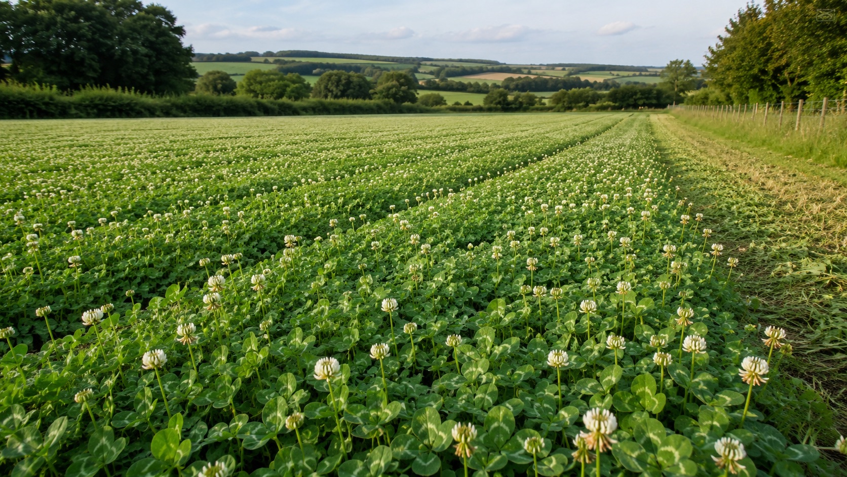 Capitules blancs de trèfle blanc dans une prairie pâturée