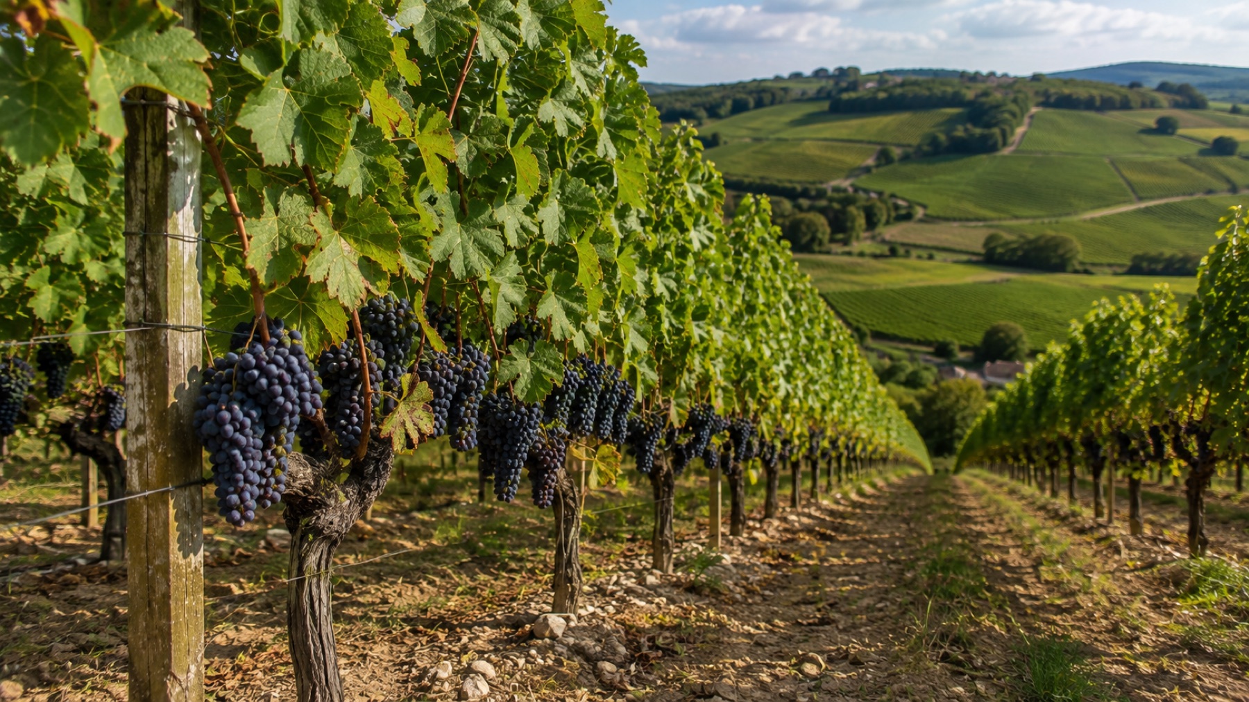 Vignoble français au crépuscule, rangs de vignes palissées