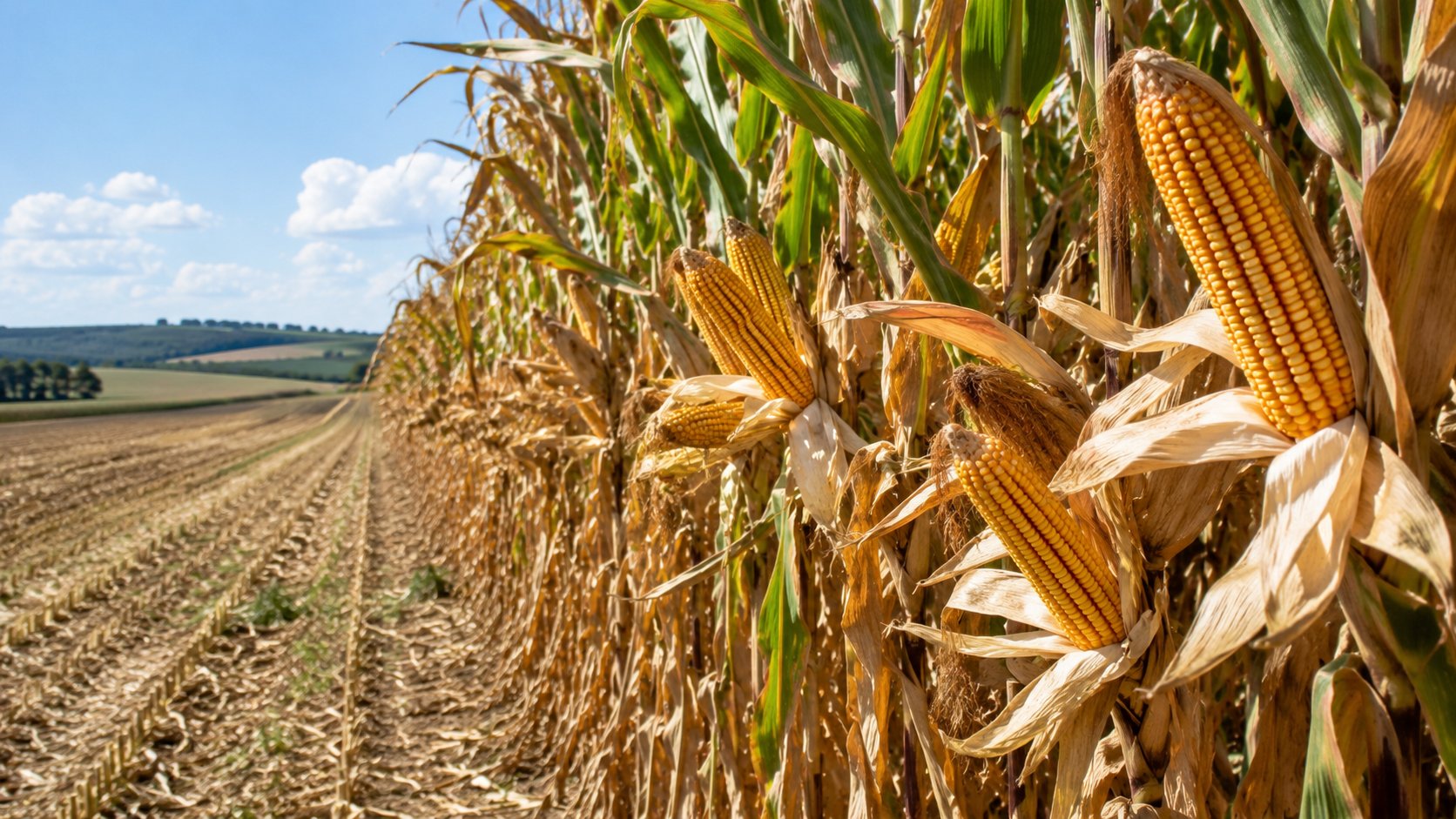 Épis de maïs grain arrivés à maturité dans une parcelle française