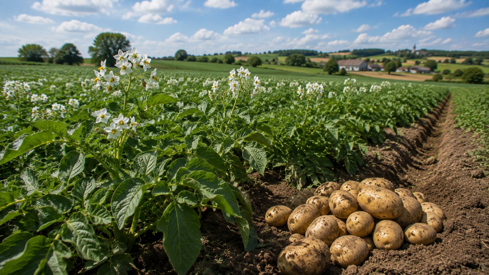 Pomme de terre en rangs avant récolte mécanisée